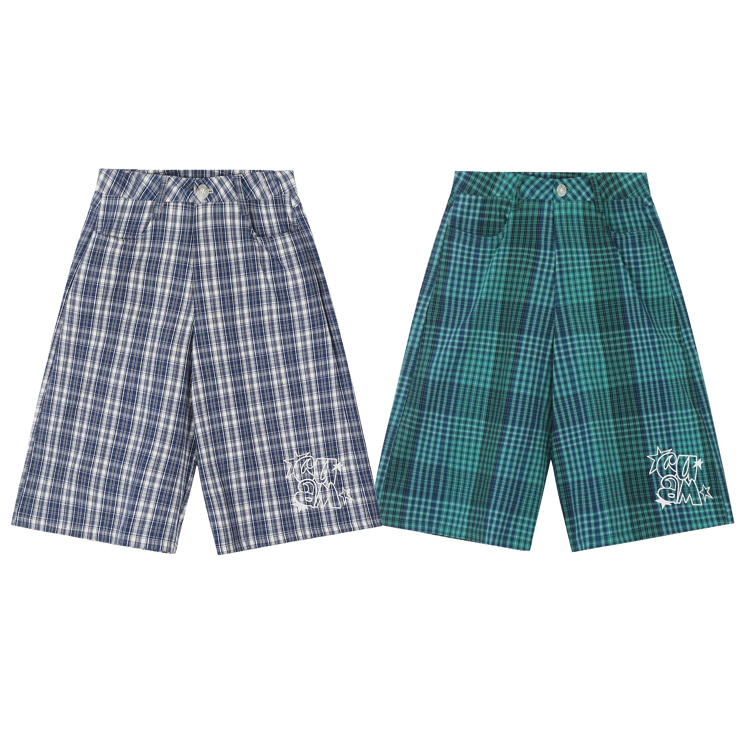 Navy and teal plaid wide-leg shorts with white embroidered logo detail, shown side by side on white background