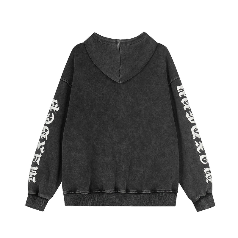 Black hoodie back view with hood and white graphic print on the sleeves