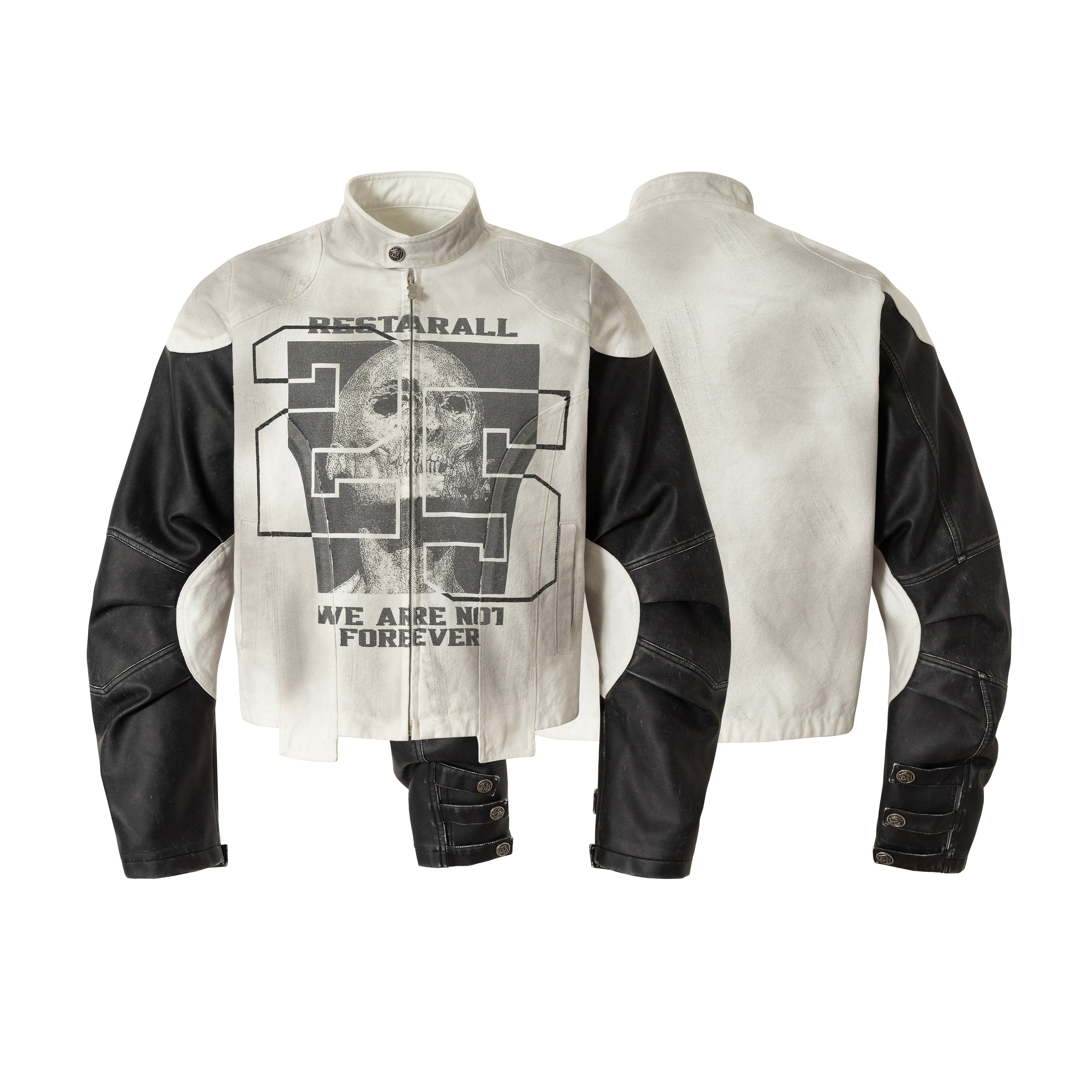 Front and back view of the Omirad Contrast Moto Jacket with off-white body, black sleeves, and skull graphic print