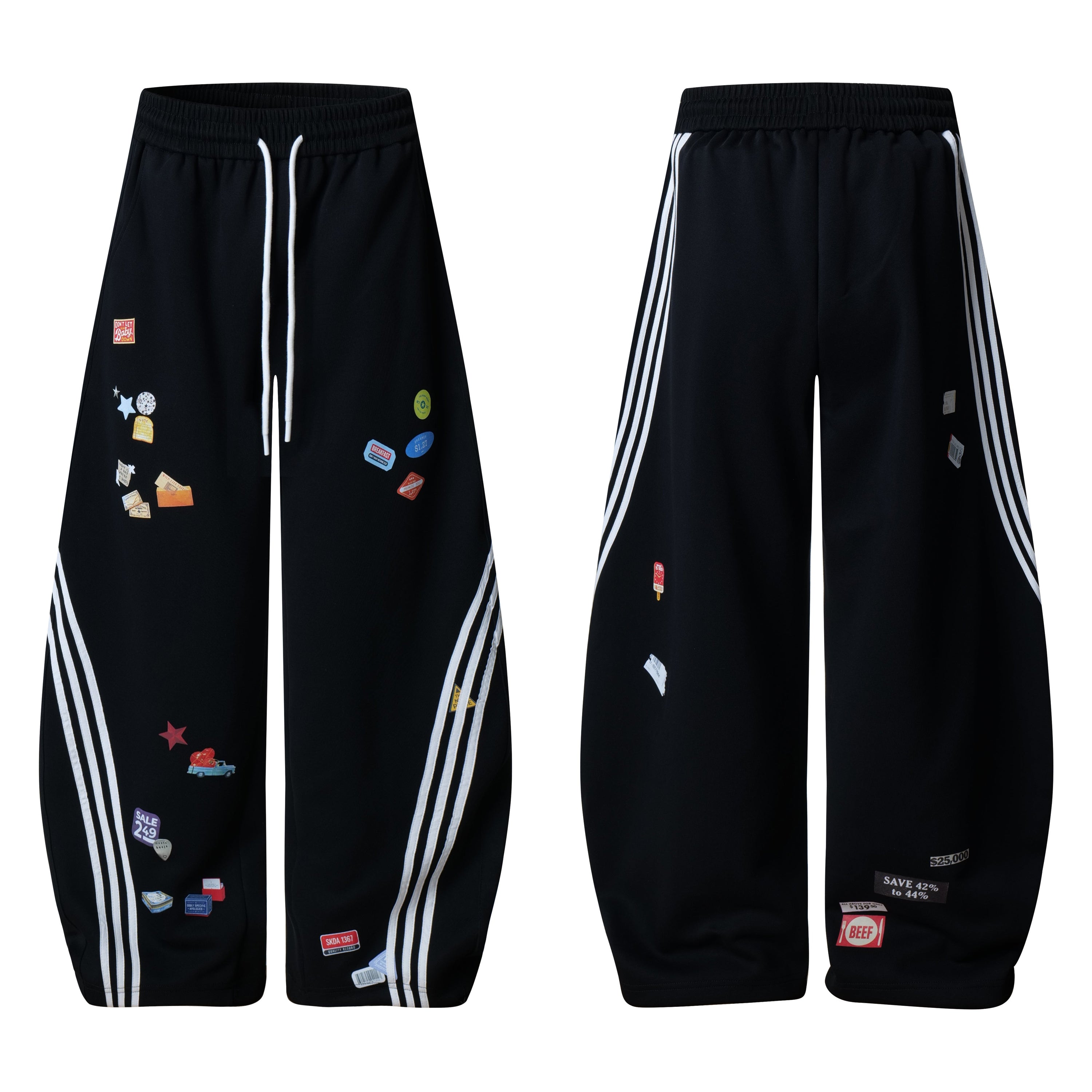 Black wide-leg track pants with colorful vintage patch graphics and white triple side stripes, front and back view