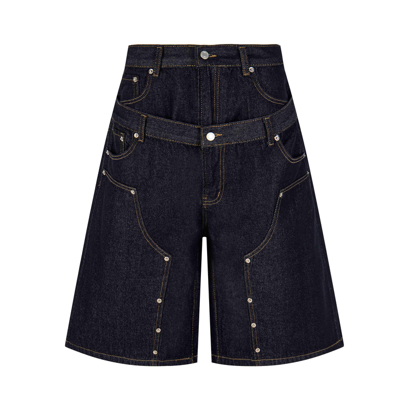 Dark wash denim shorts with double waist panel, wide leg and front button details