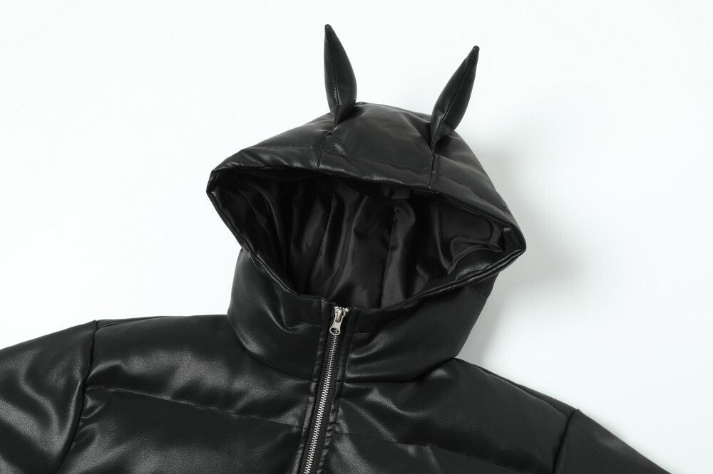 Omirad PU Gloss Bat-Ear Hooded Puffer Jacket | Black