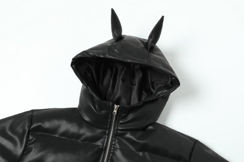 Omirad PU Gloss Bat-Ear Hooded Puffer Jacket | Black