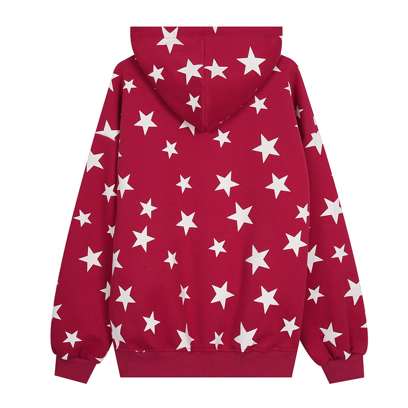 Red star-print hoodie shown from the back with hood and long sleeves