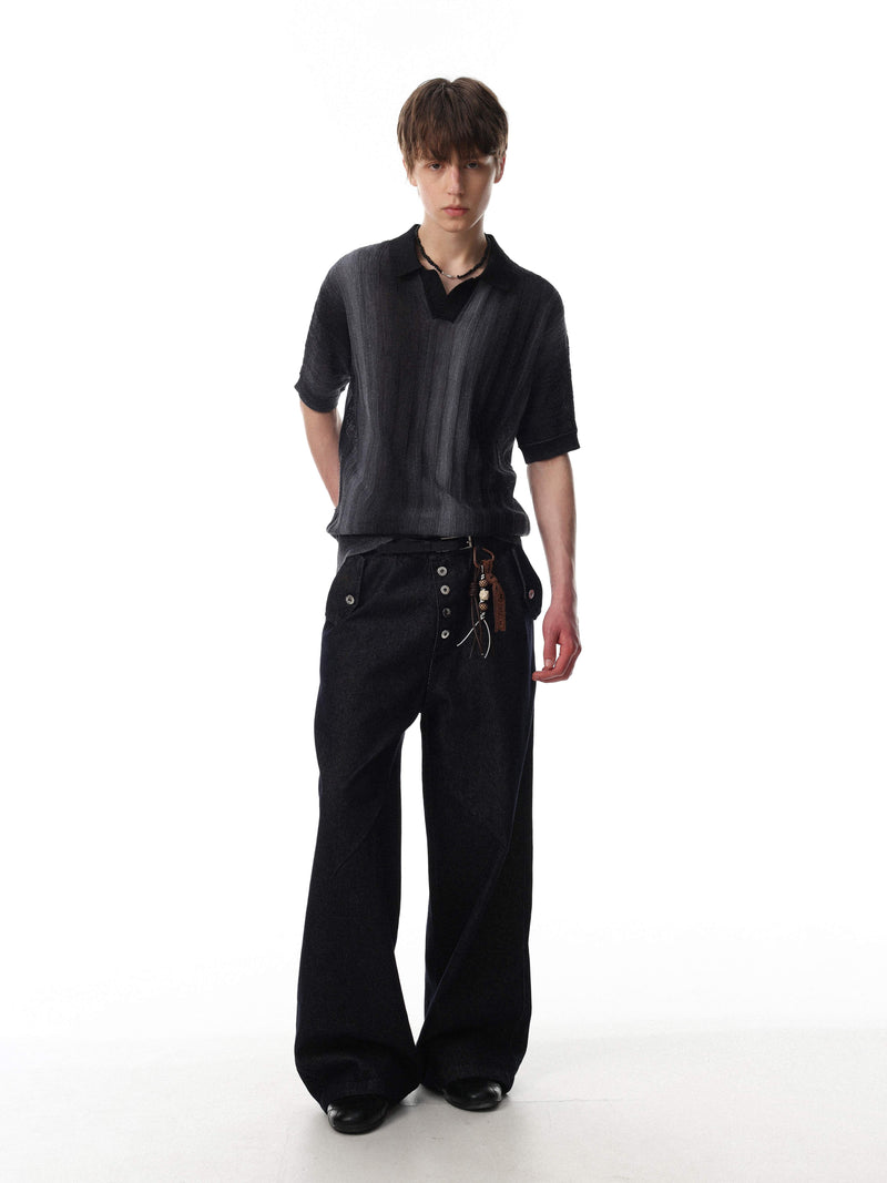 Black open-knit gradient stripe polo shirt styled with wide-leg black pants on a male model