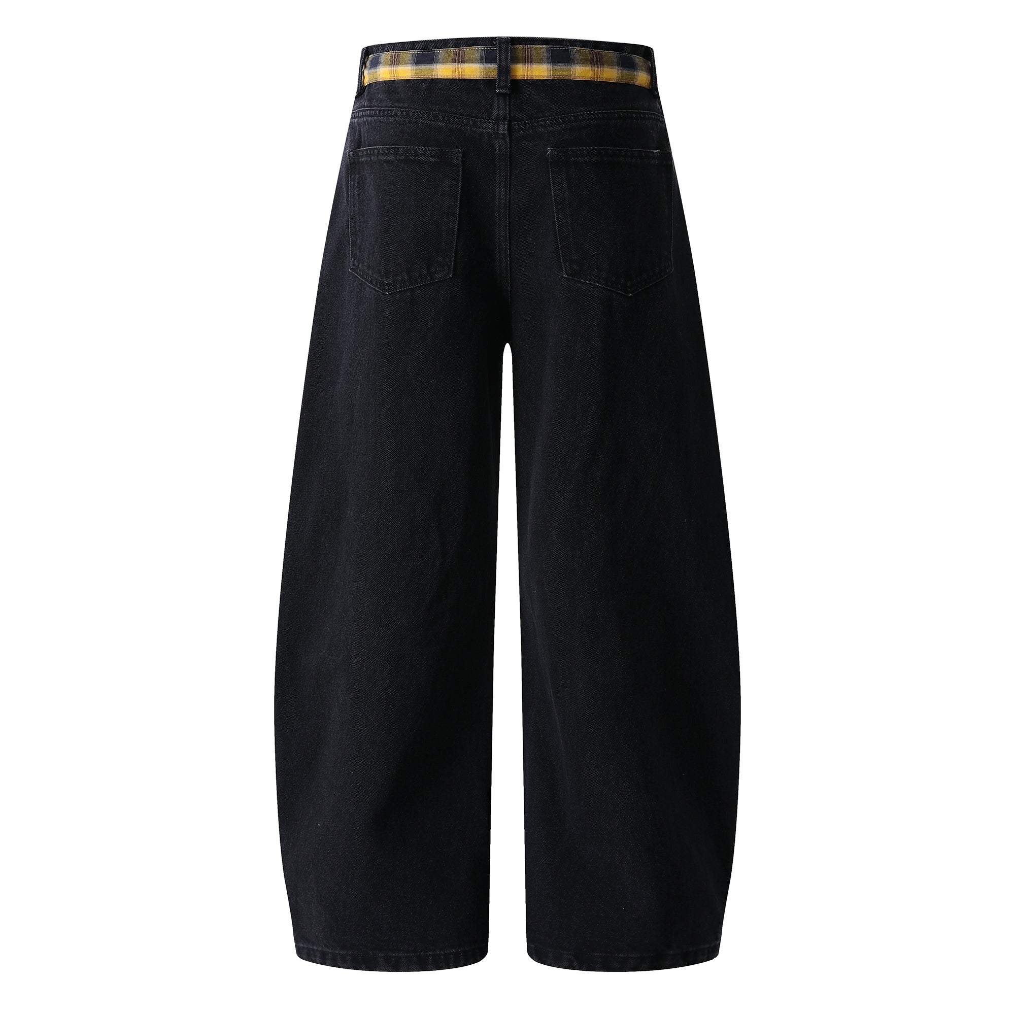 Embroidered Wide-Leg Jeans with Detachable Plaid Belt