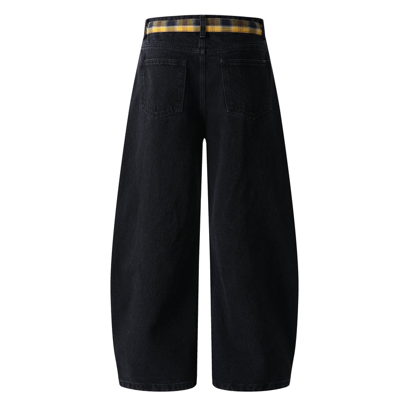 Embroidered Wide-Leg Jeans with Detachable Plaid Belt