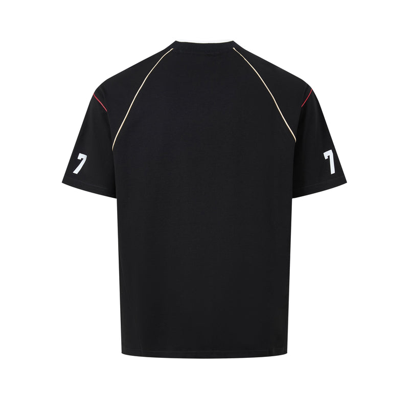 Black oversized retro football jersey T-shirt with contrast piping, number 7 sleeves, and a minimalist vintage sports design