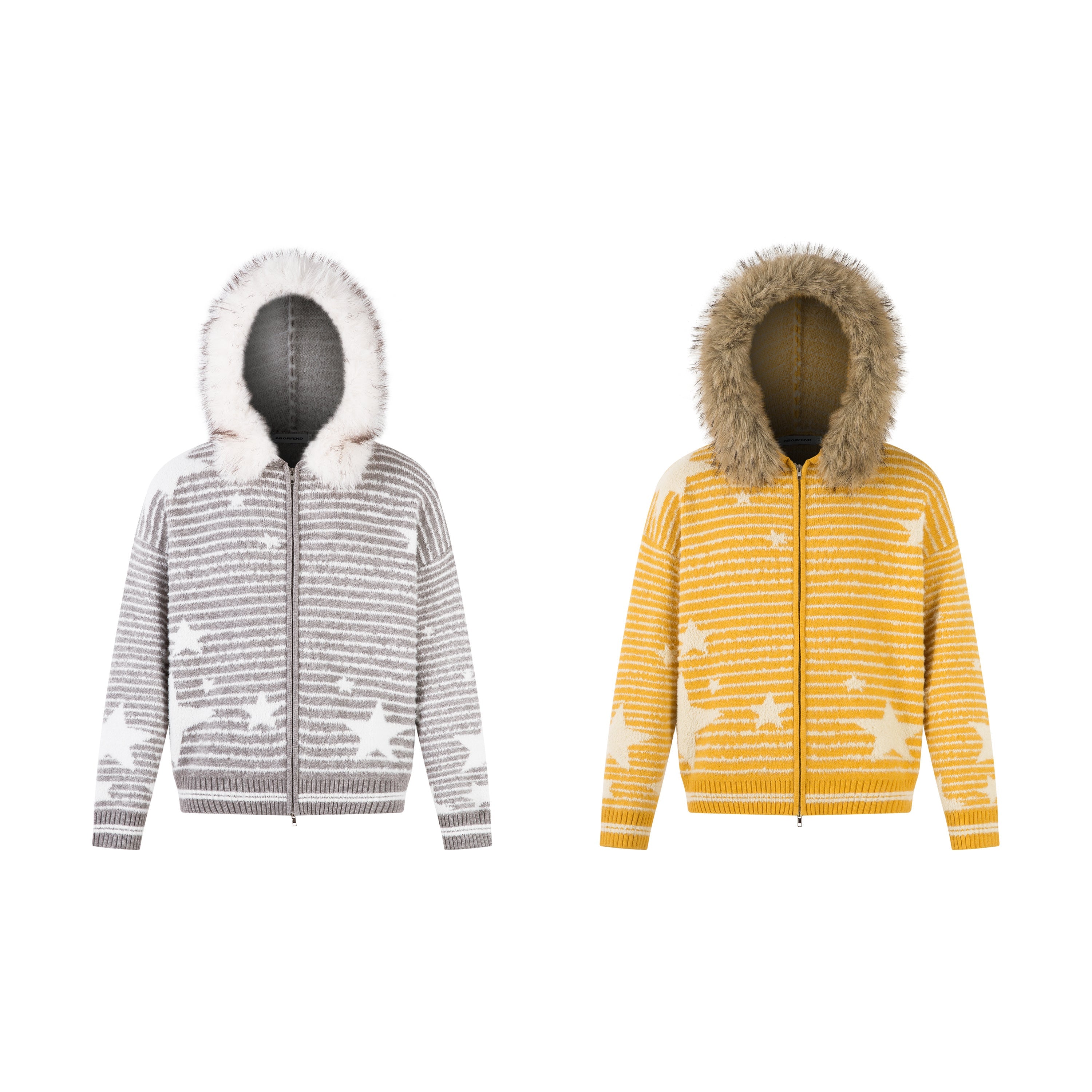 Grey and white star stripe knit zip-up hoodie with white faux fur trim hood, displayed flat on white background