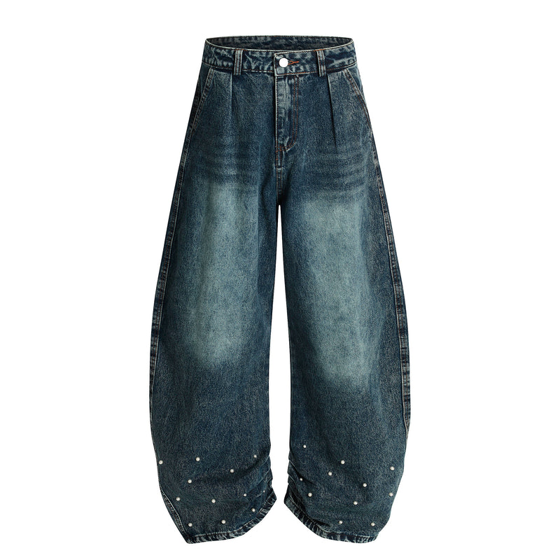 Pearl-Stud Barrel Jeans | Vintage Wash Wide-Leg Denim