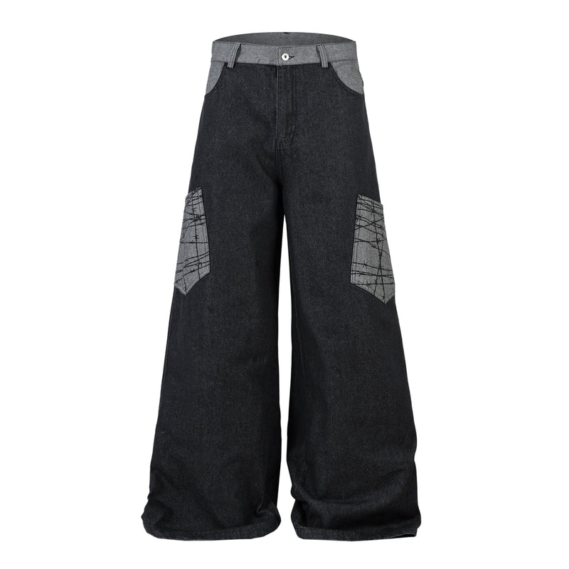 Omirad Contrast Pocket Wide-Leg Jeans | Black Denim