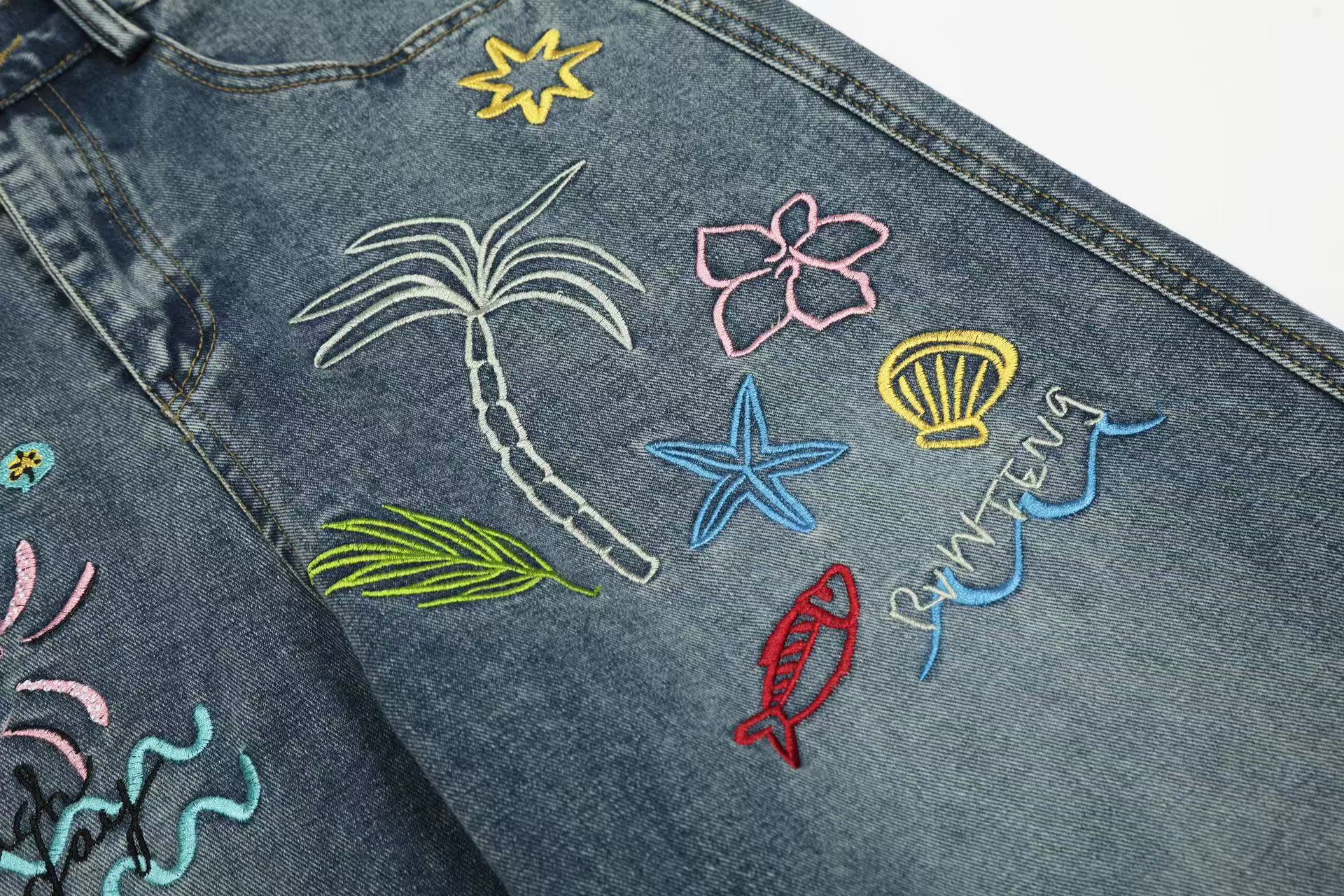 Tropical Embroidered Wide-Leg Denim Jeans | Beach Streetwear