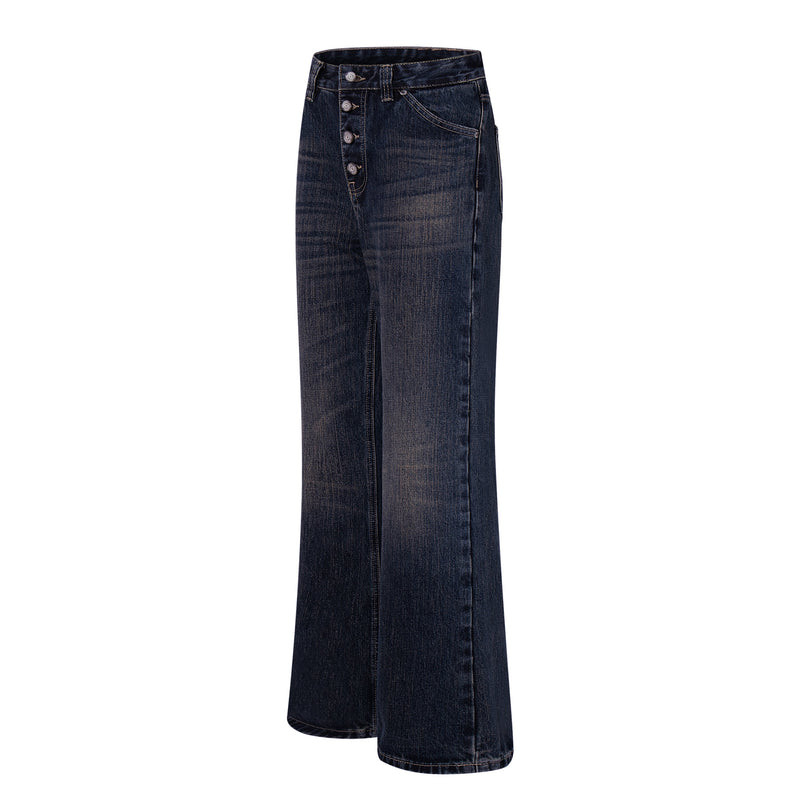 Dark wash wide-leg jeans shown at a front angle with button fly and straight pockets