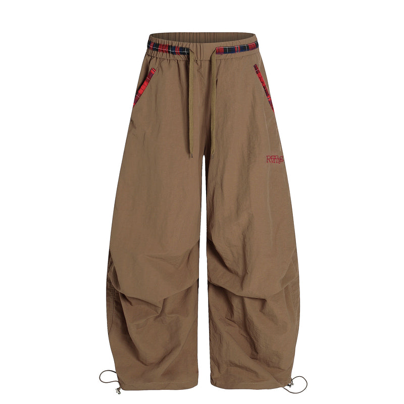 Nylon Plaid-Trim Stacked Pants | Wide-Leg Streetwear