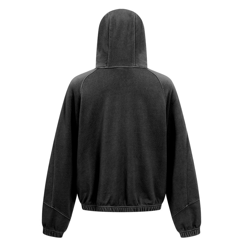 Back view of a black full-zip hoodie with washed cotton texture and ribbed hem