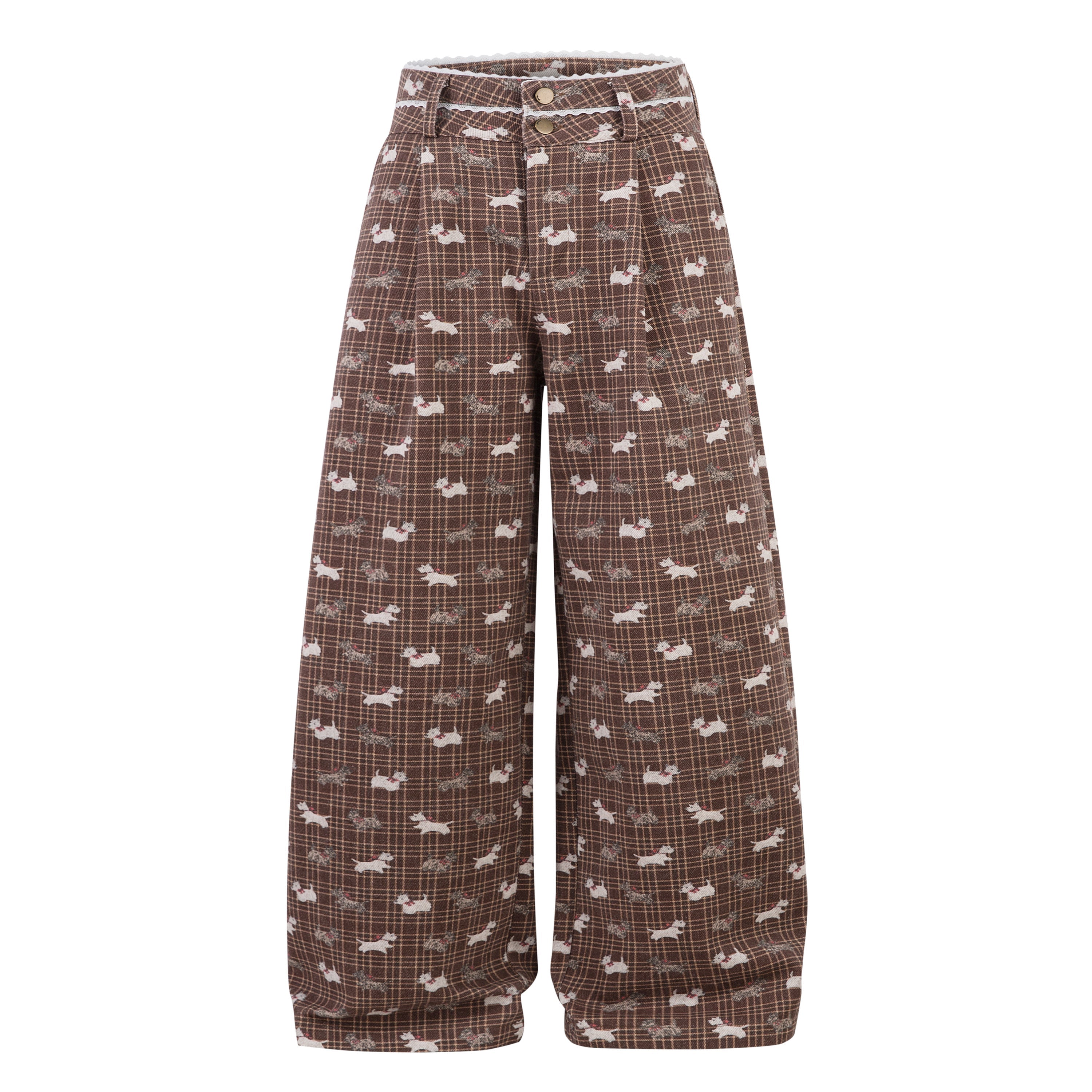 Retro Dog Print Plaid Wide-Leg Pants | Vintage Style
