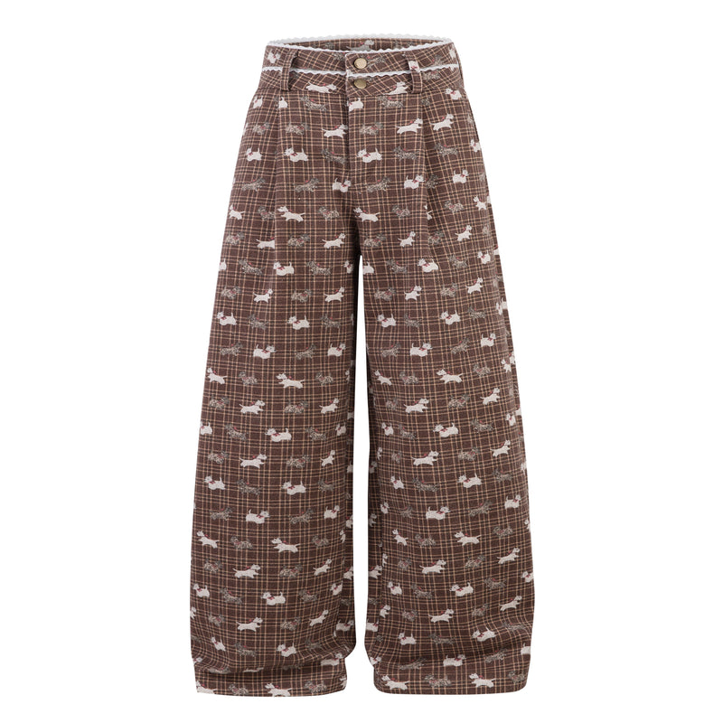 Retro Dog Print Plaid Wide-Leg Pants | Vintage Style