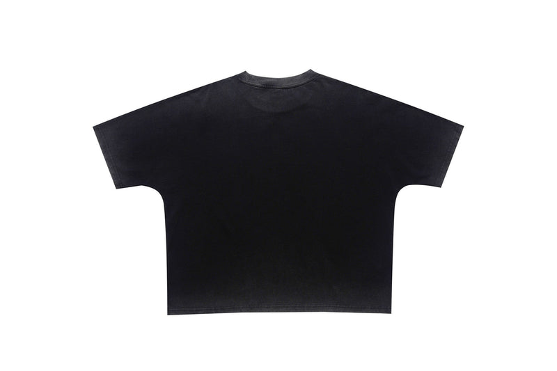 Black oversized goth graphic tee with vintage washed finish, shown flat with a relaxed wide fit and short sleeves