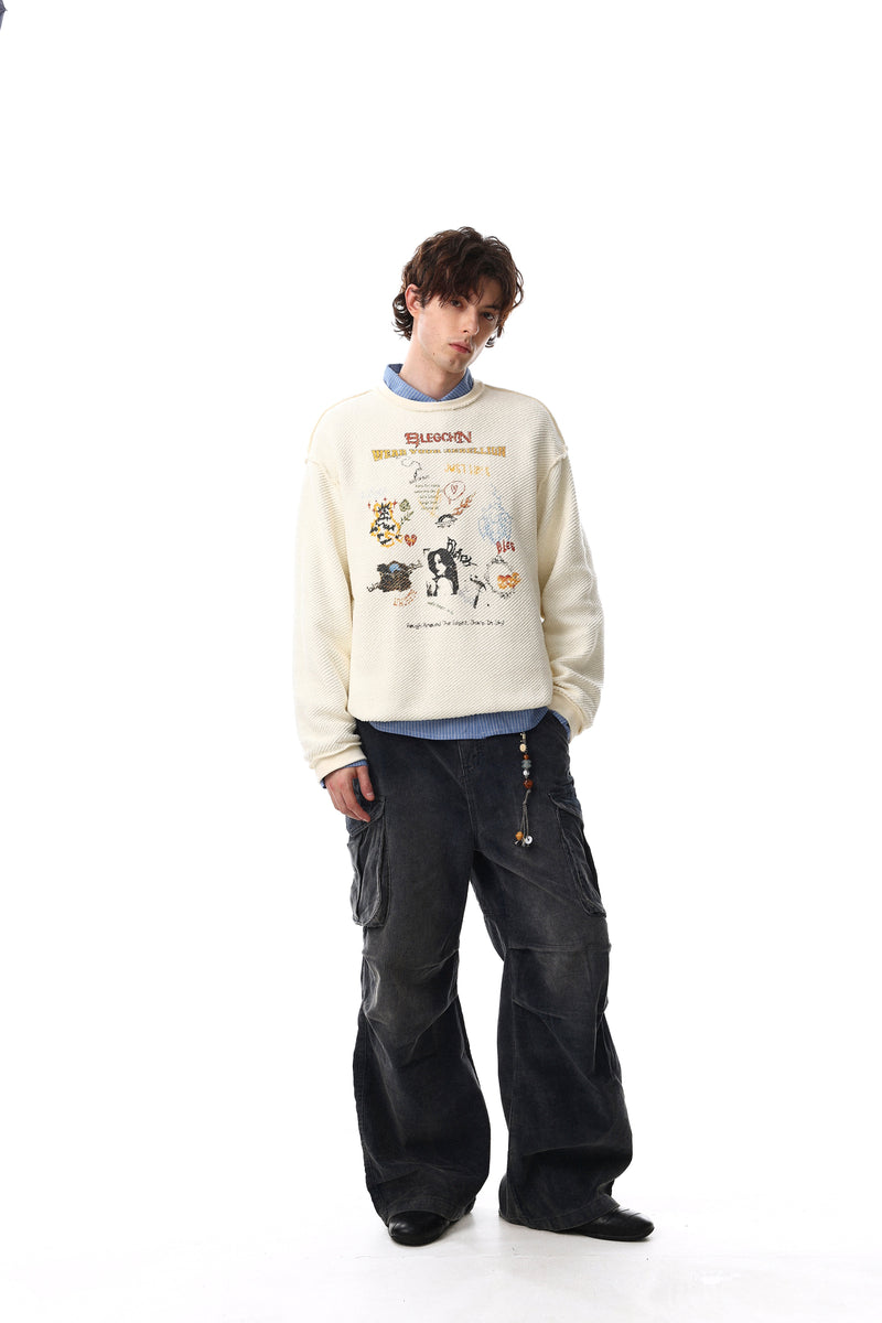 Model wearing cream collage graphic sweatshirt with relaxed fit and long sleeves