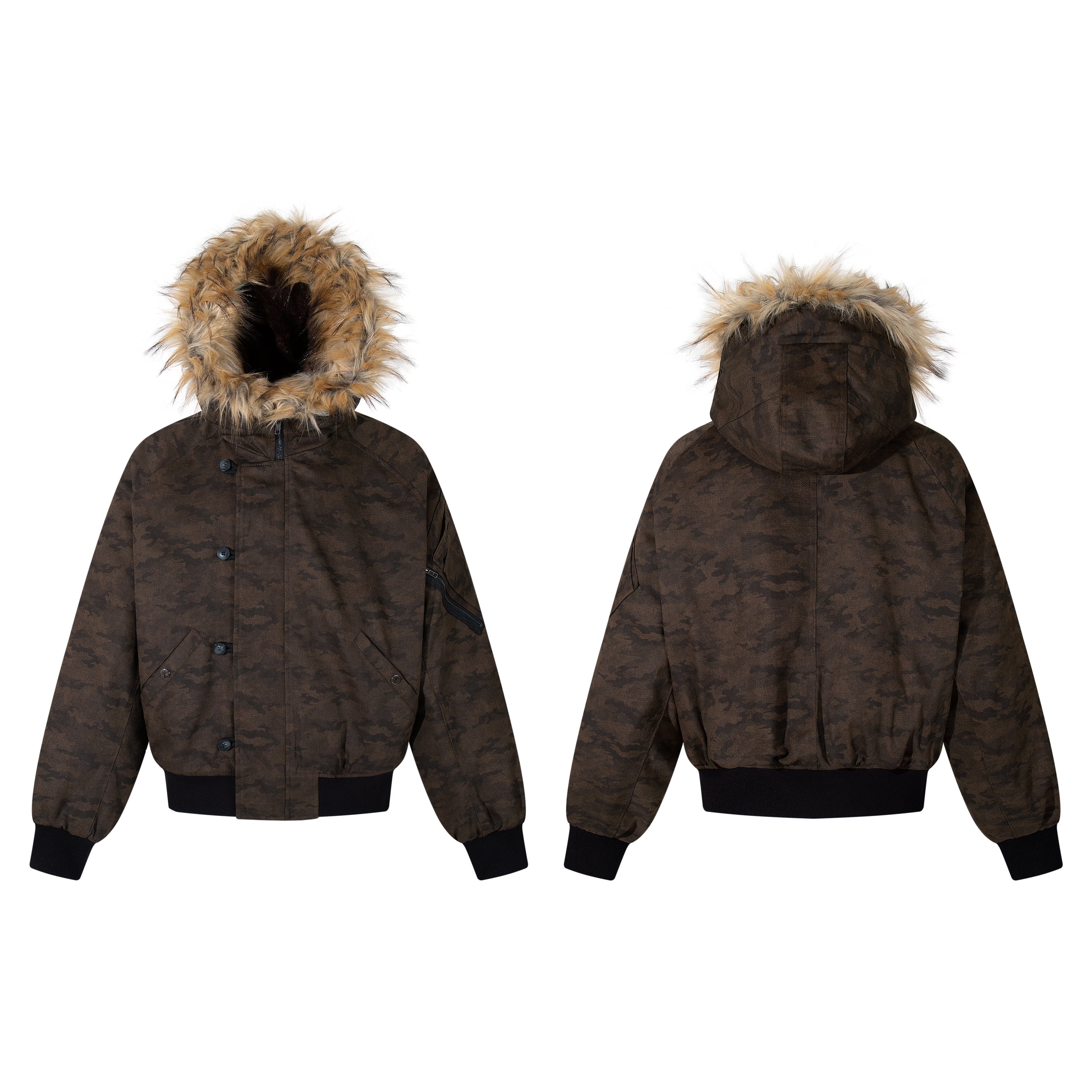 Omirad Camo Faux Fur Hood Bomber Jacket | Heavyweight Cotton