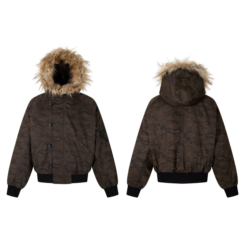 Omirad Camo Faux Fur Hood Bomber Jacket | Heavyweight Cotton