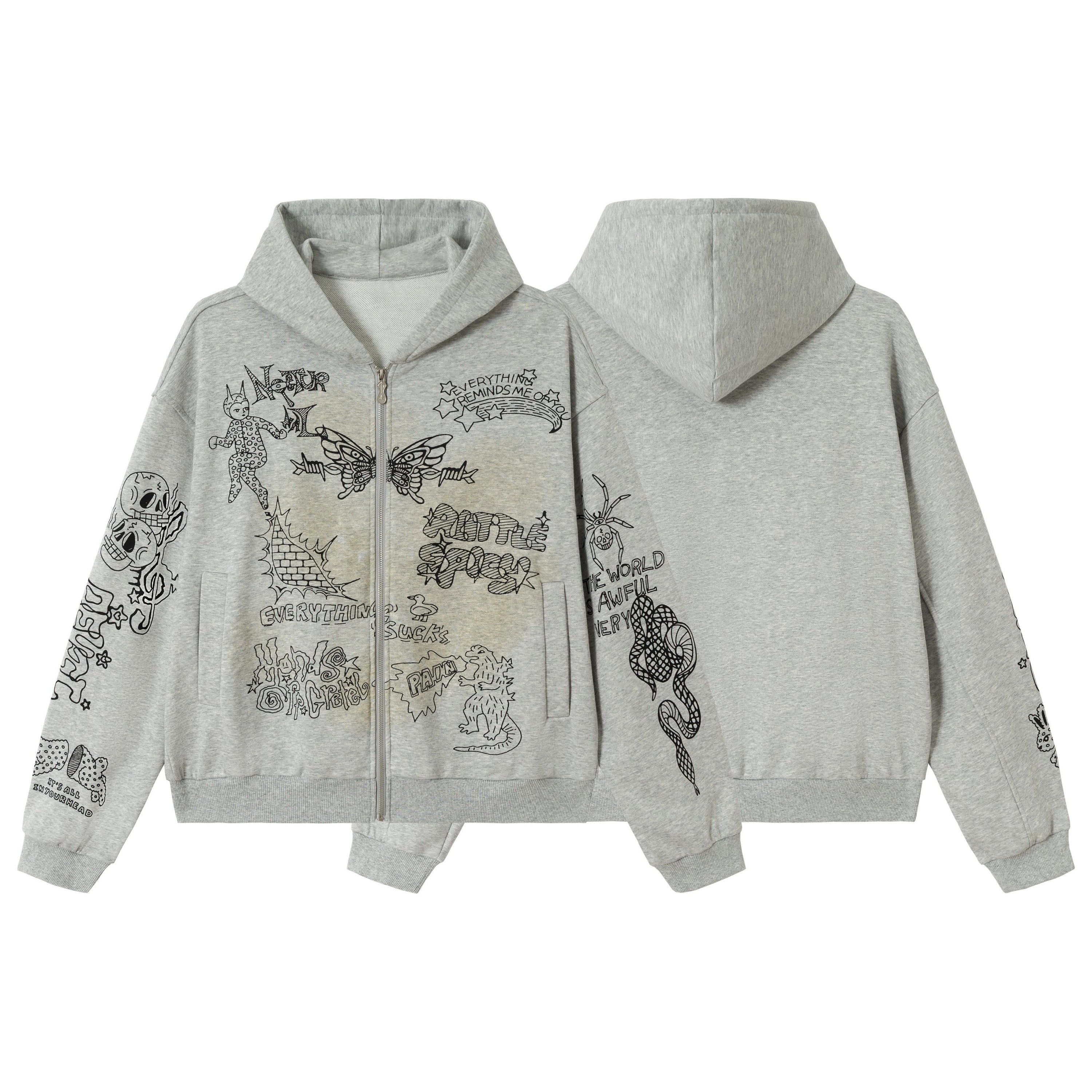 Grey zip-up hoodie with hand-drawn doodle graphics including skulls, moths, snakes and text phrases on front and sleeves