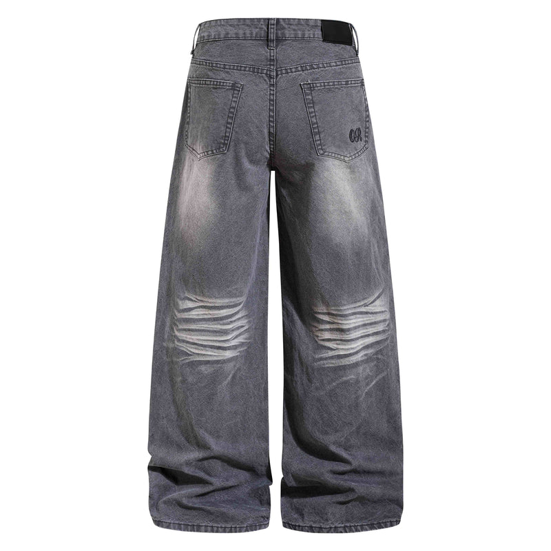 Charcoal wide-leg faded denim pants, back view with back pockets