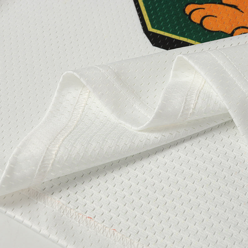 Close-up of a white mesh varsity football jersey with stitched hem and partial Mickey and Pluto graphic print