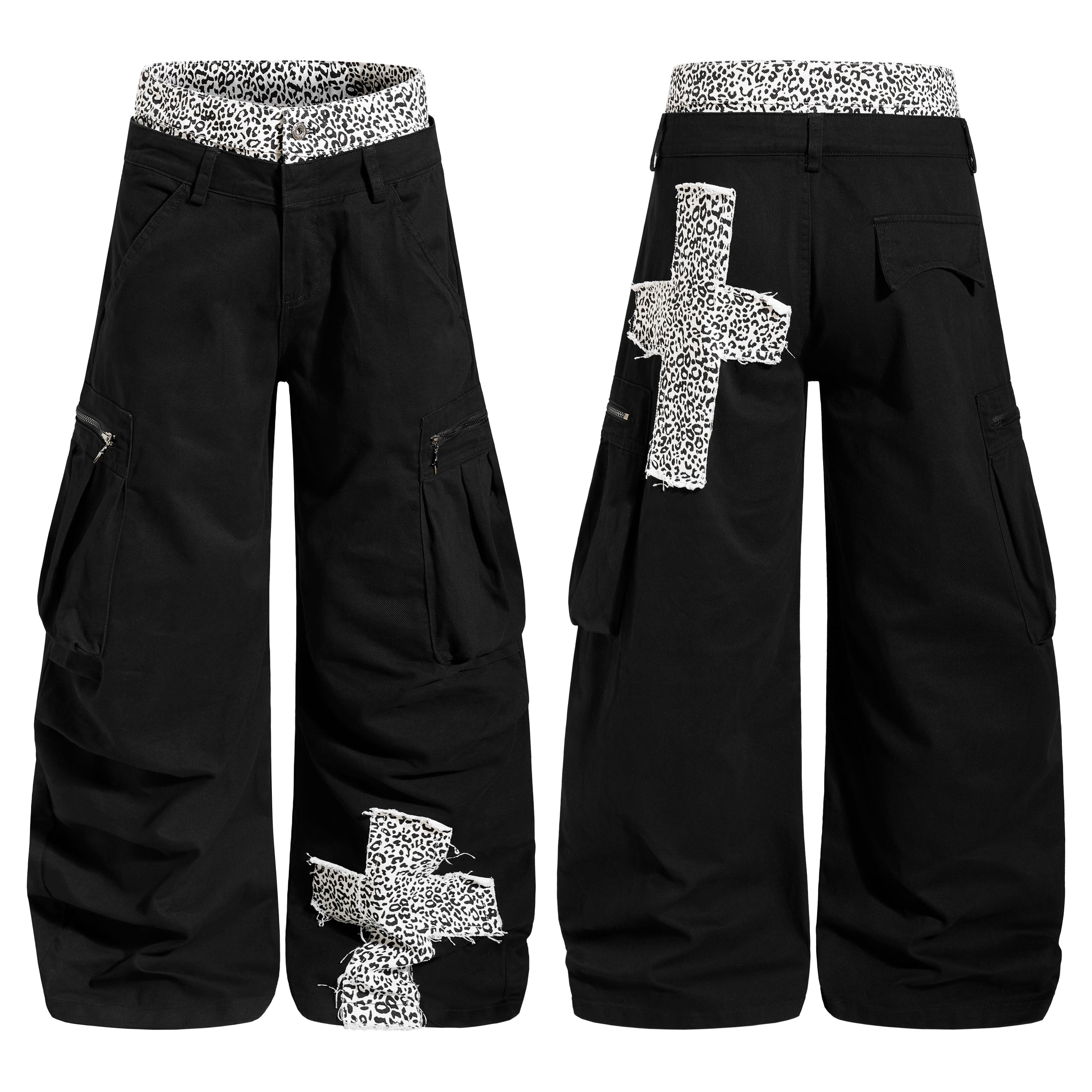 Black wide-leg cargo pants with white leopard-print cross appliqués on front leg and layered leopard contrast waistband, fron