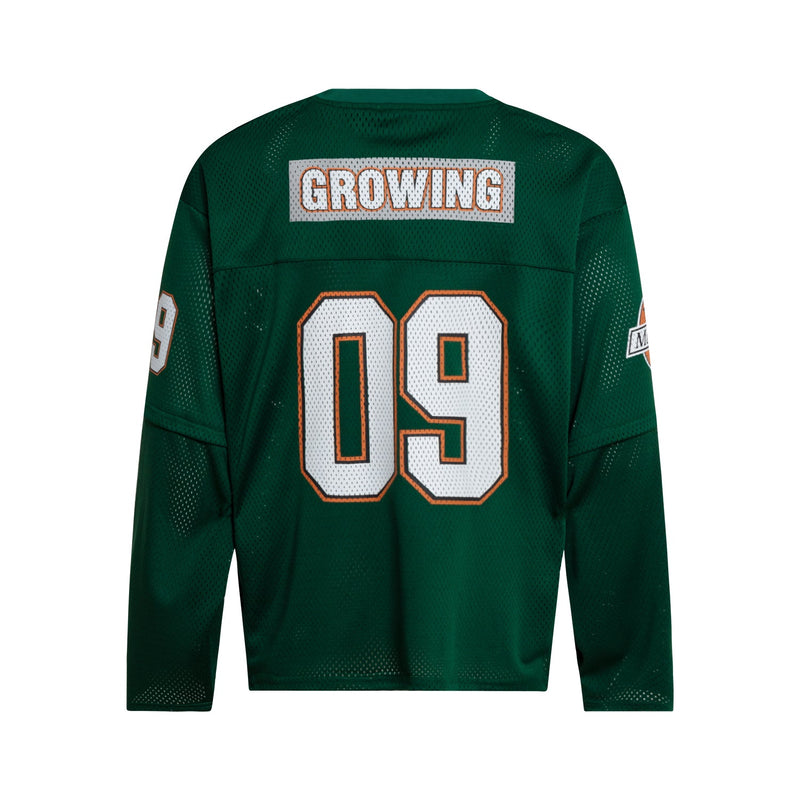 Green mesh hockey jersey back with white 09 and GROWING patch