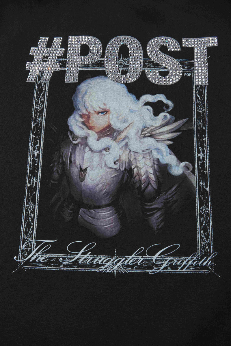 Black graphic T-shirt with crystal POST lettering and a white angel illustration framed in distressed silver print