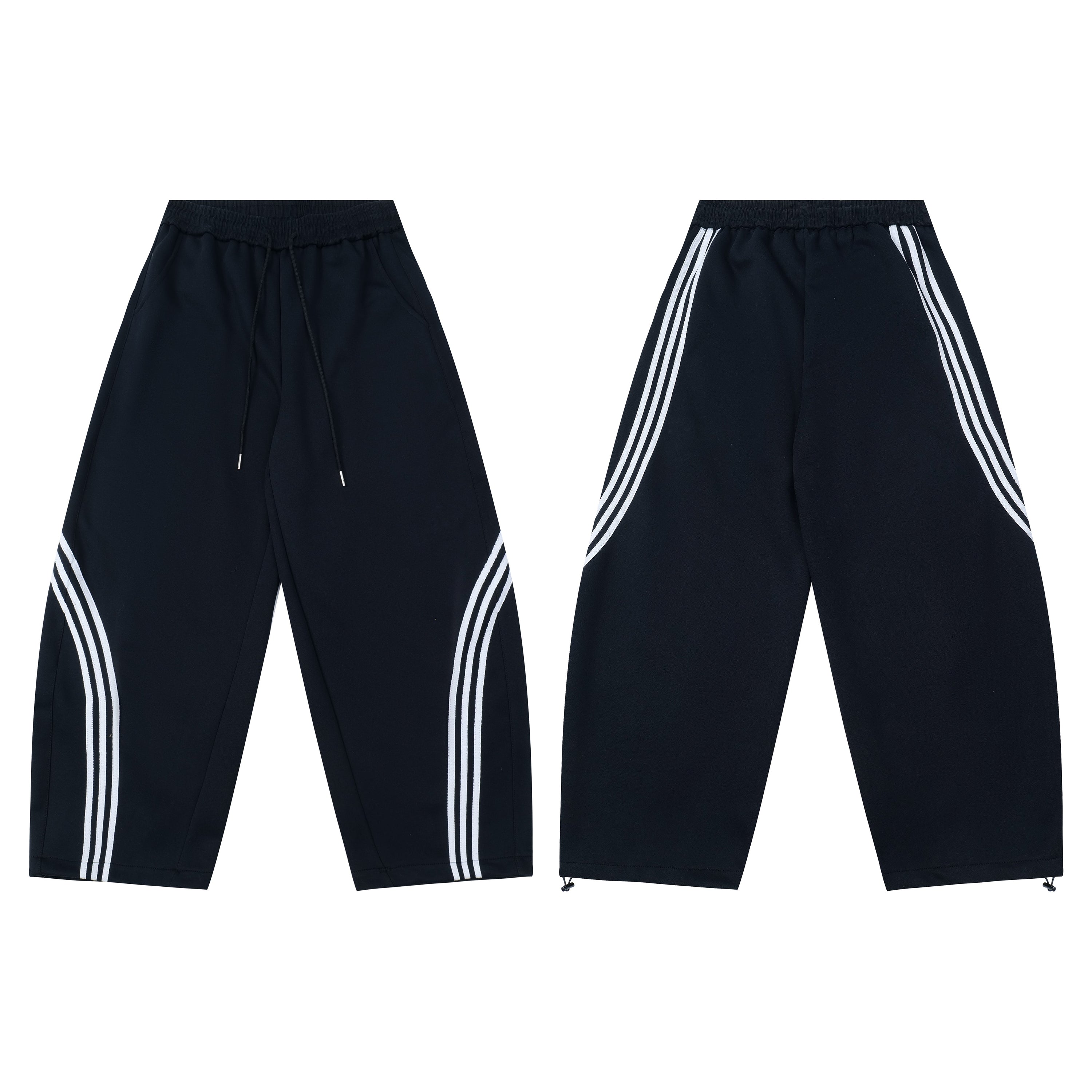 Navy wide-leg track pants with curved white triple-stripe detailing, shown front and back view on white background