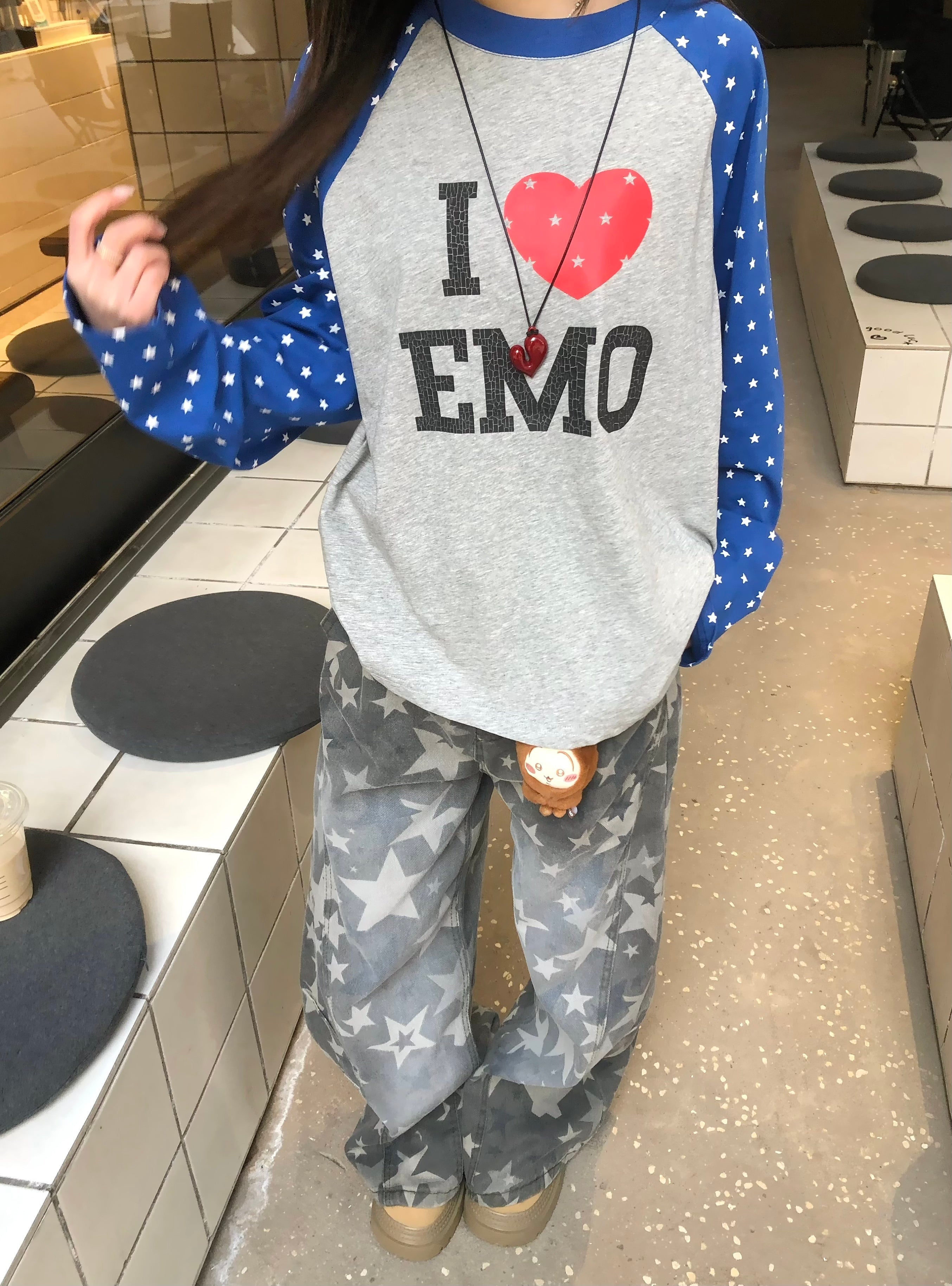 I Love EMO Raglan Long Sleeve Tee | Star-Pattern Contrast Sleeves