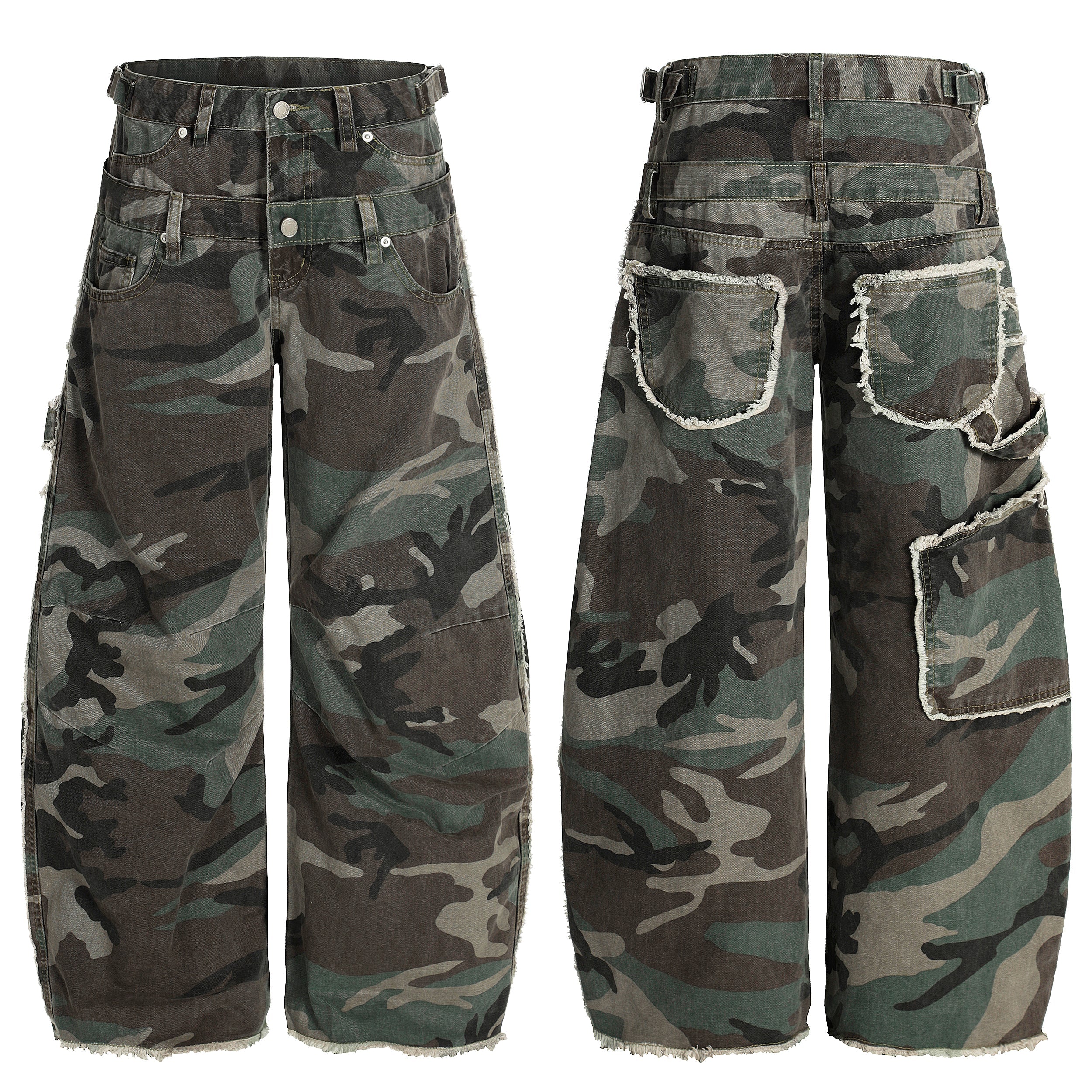 Front and back view of wide-leg double-waist camouflage cargo jeans with raw-edge pockets and distressed hem