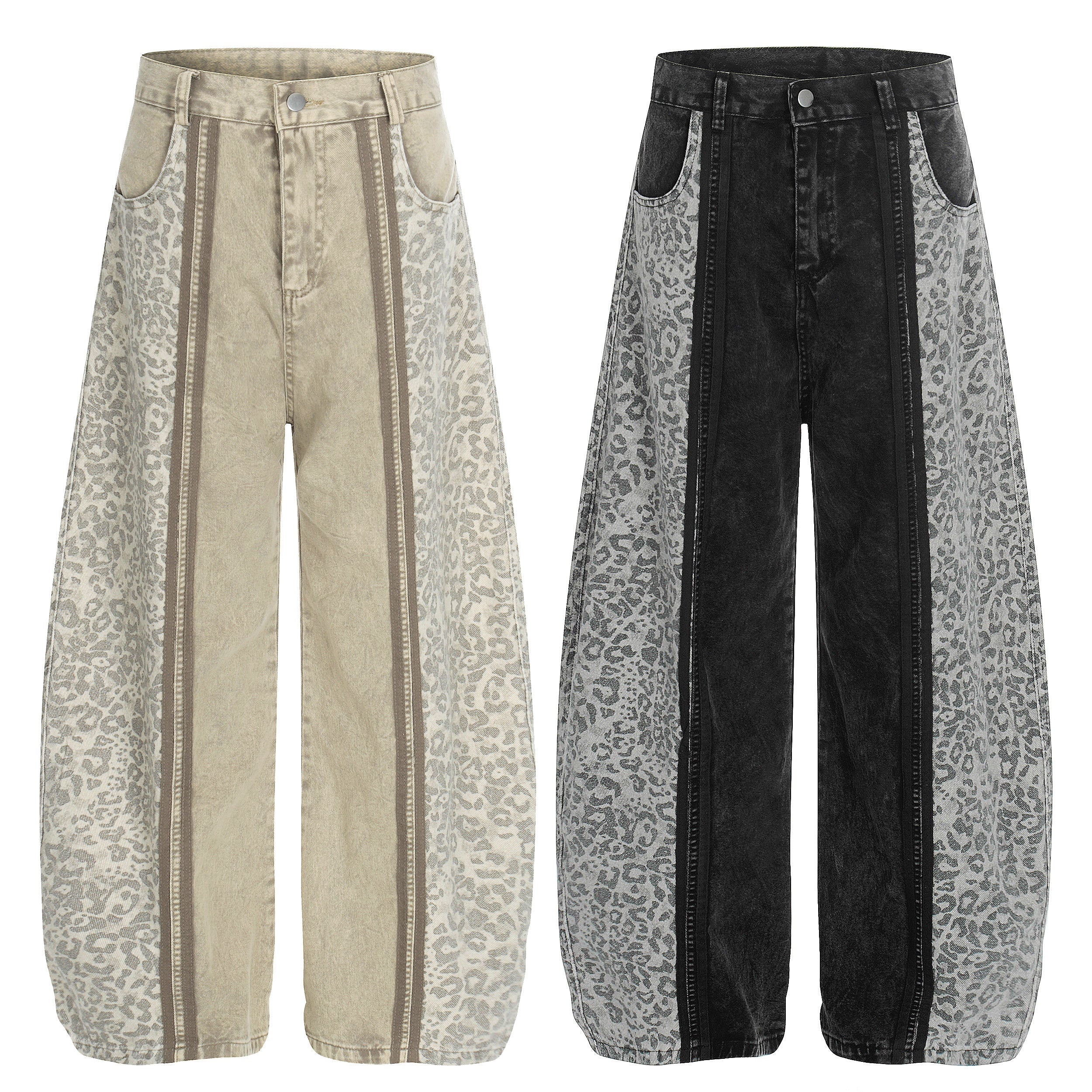 Beige and black leopard panel wide-leg denim jeans shown front and back, featuring contrast animal print side panels