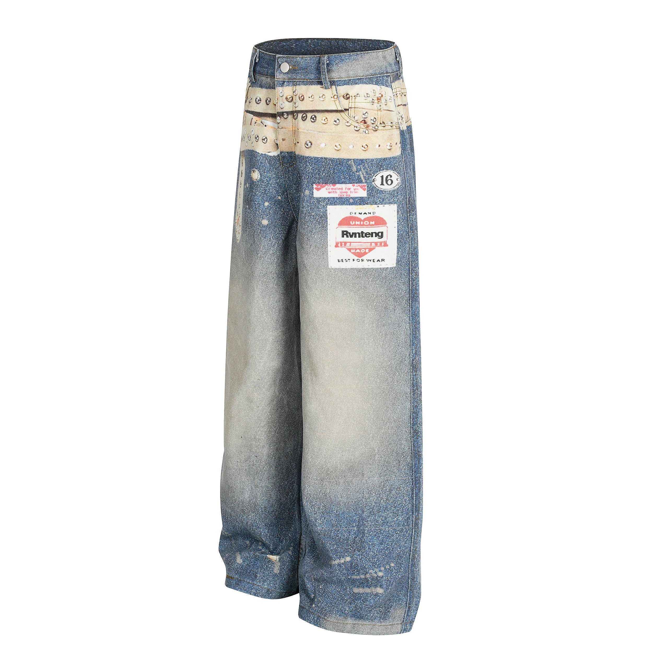 Omirad Studded Belt Print Wide-Leg Denim Jeans | Streetwear