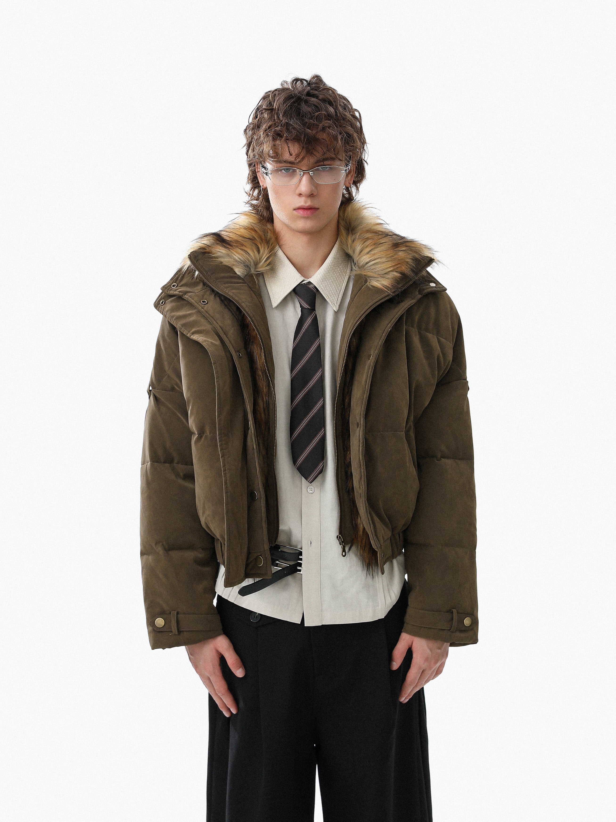 Detachable Faux Fur Collar PU Puffer Jacket | Cropped