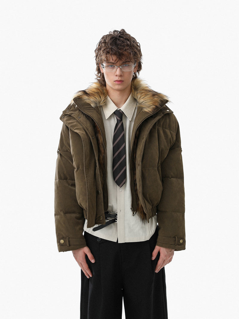 Detachable Faux Fur Collar PU Puffer Jacket | Cropped