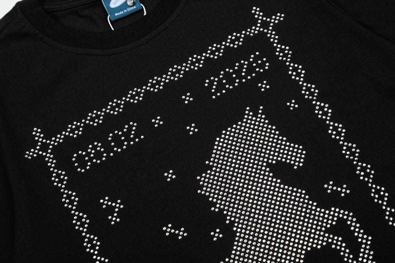 Black T-shirt with a sparkling rhinestone horse design and Western-inspired graphic detail on the chest