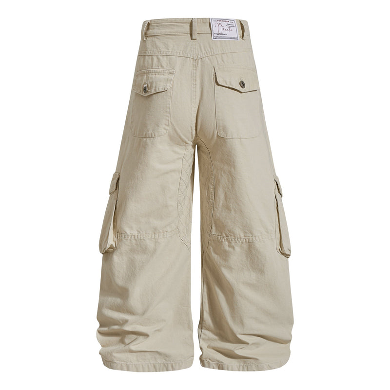 Beige utility cargo pants back view with rear flap pockets and wide legs