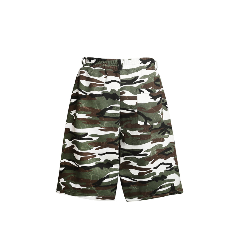 Back view of camouflage shorts with large patch pocket on the right side