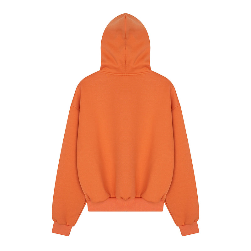 Orange zip-up hoodie shown from the back with plain hood and ribbed hem