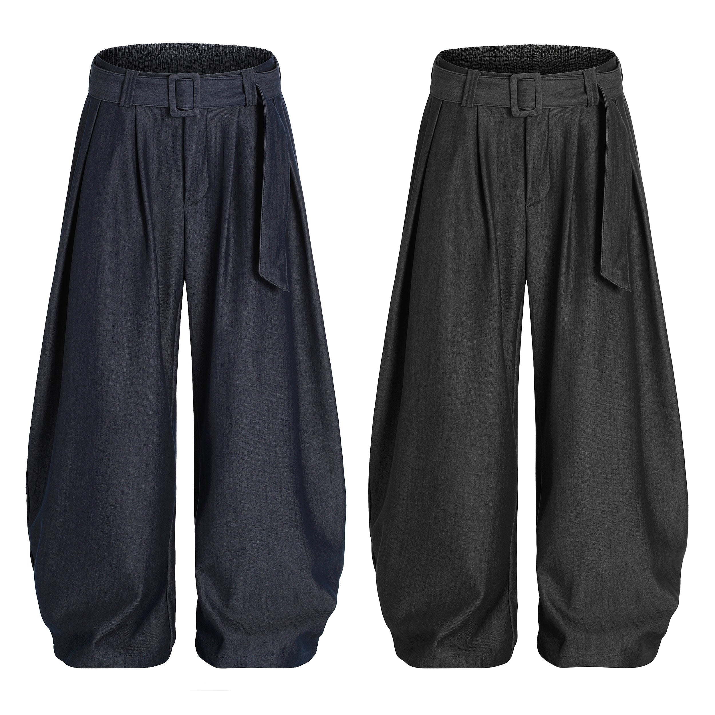 Dark navy draped balloon wide-leg pants with built-in fabric belt and deep front pleats on white background