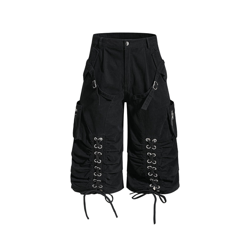 Black utility cargo shorts with lace-up front panels, front view