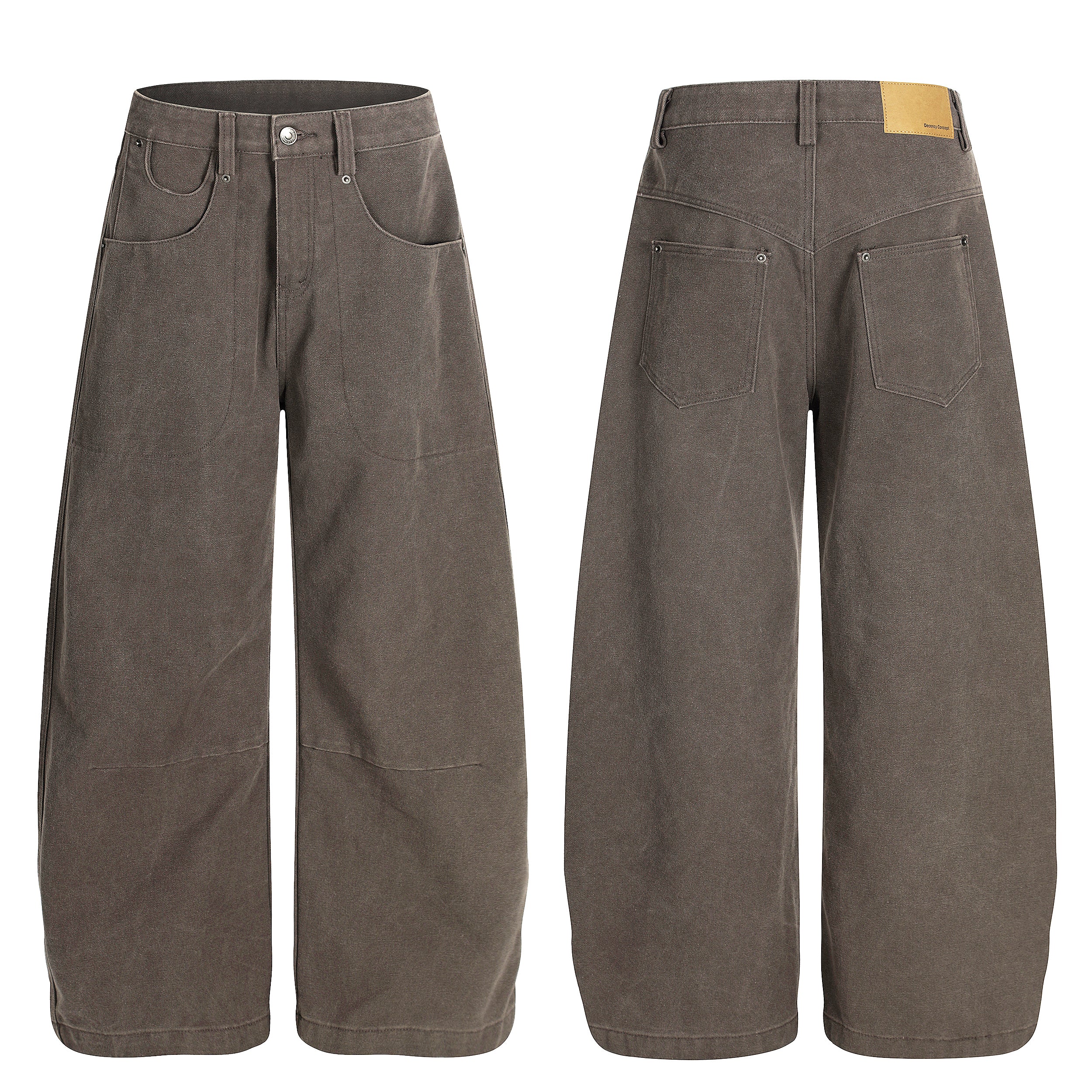 Front and back view of Omirad wide-leg workwear pants in washed taupe-grey with oversized barrel leg and patch pockets