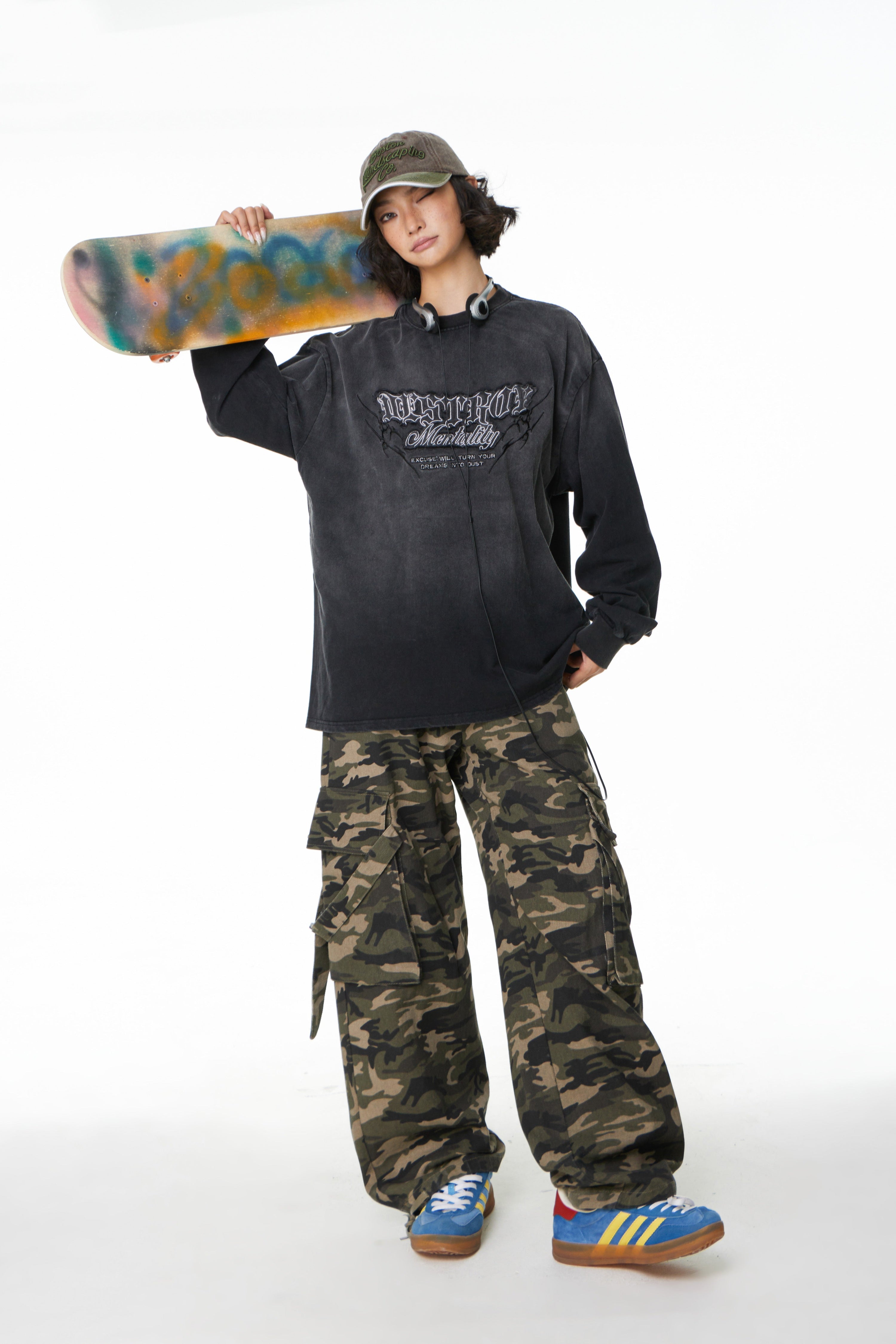 Destroy Mentality Gradient Washed Graphic Long Sleeve Tee