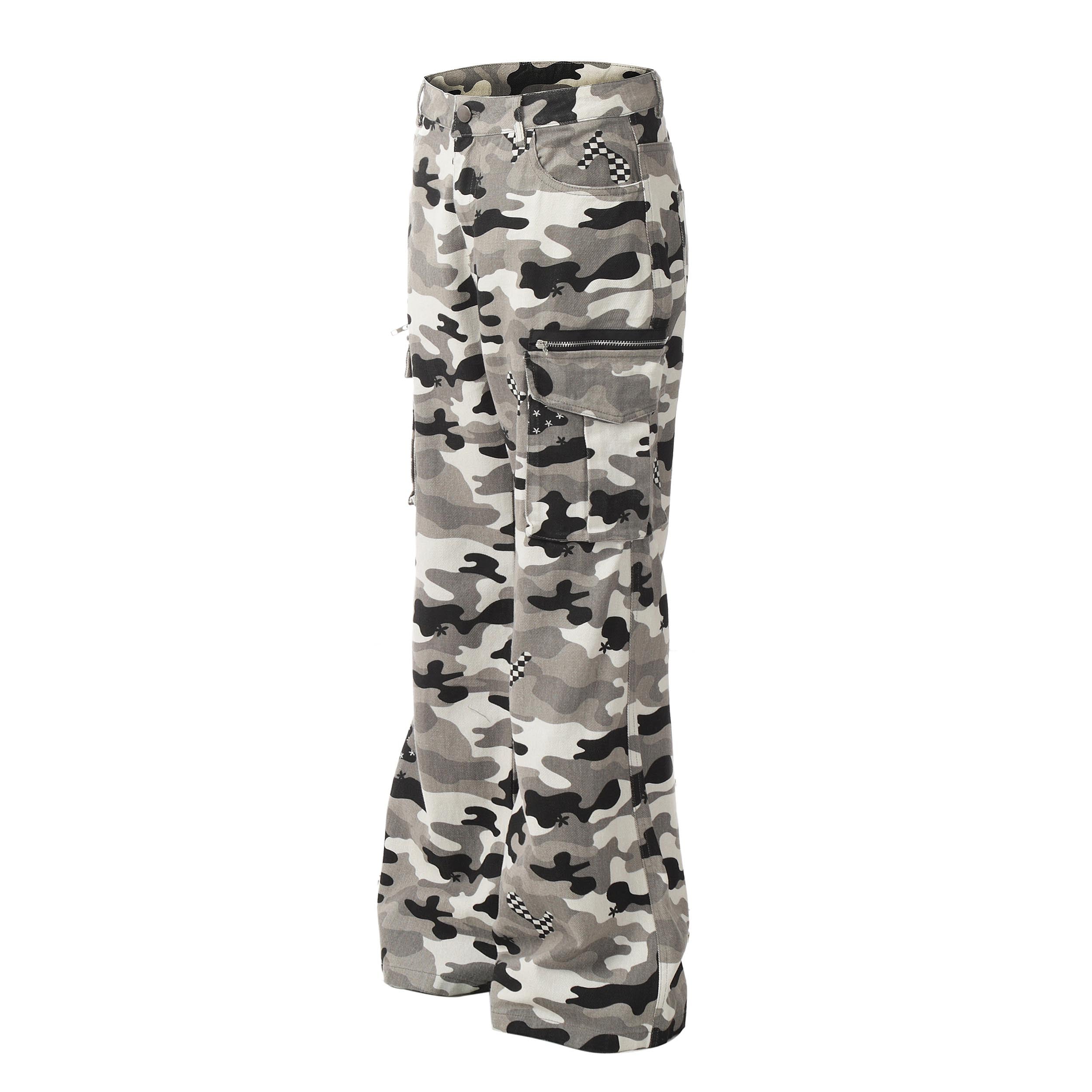 Grey Camo Cargo Pants with Checkerboard Patches | SEAKOFF
