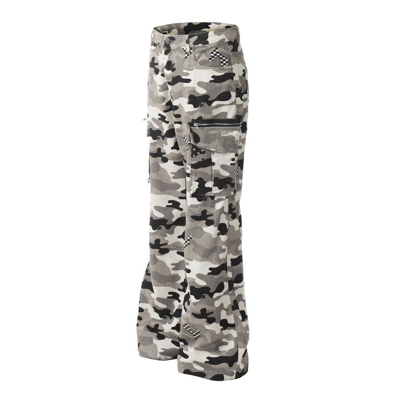 Grey camo cargo pants shown at a slight side angle with flap pockets