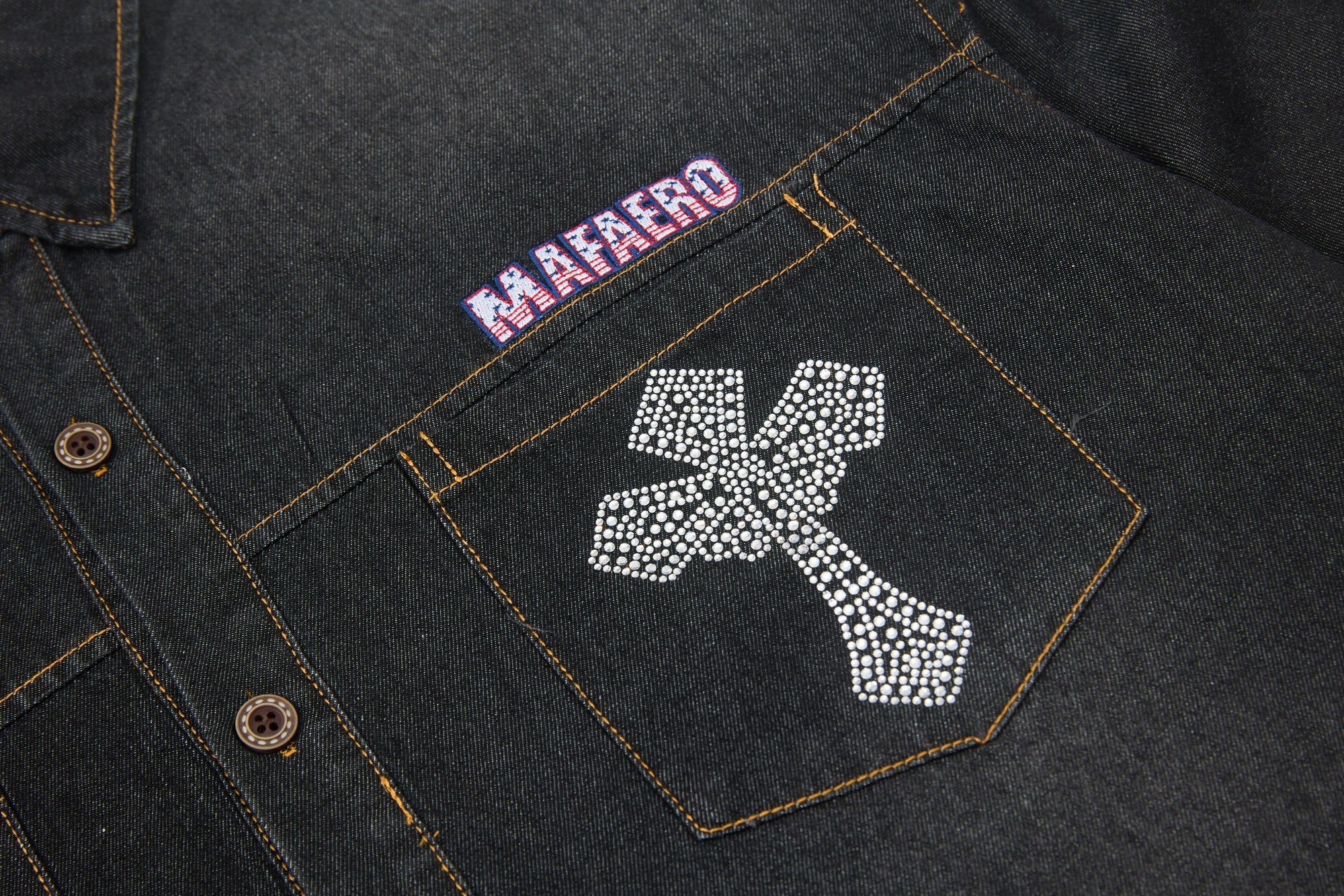 Mafaero Rhinestone Cross Denim Shirt | Streetwear Button-Up