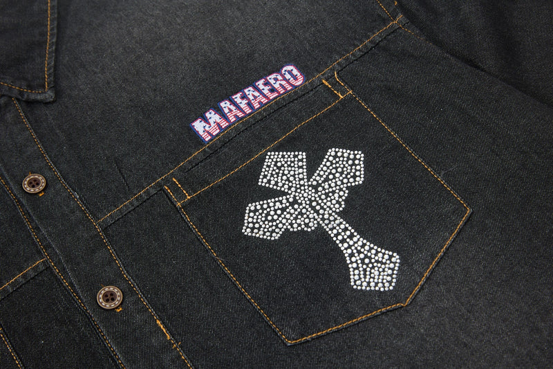 Black denim button-up shirt with rhinestone cross detail and Mafaero logo patch on the chest pocket